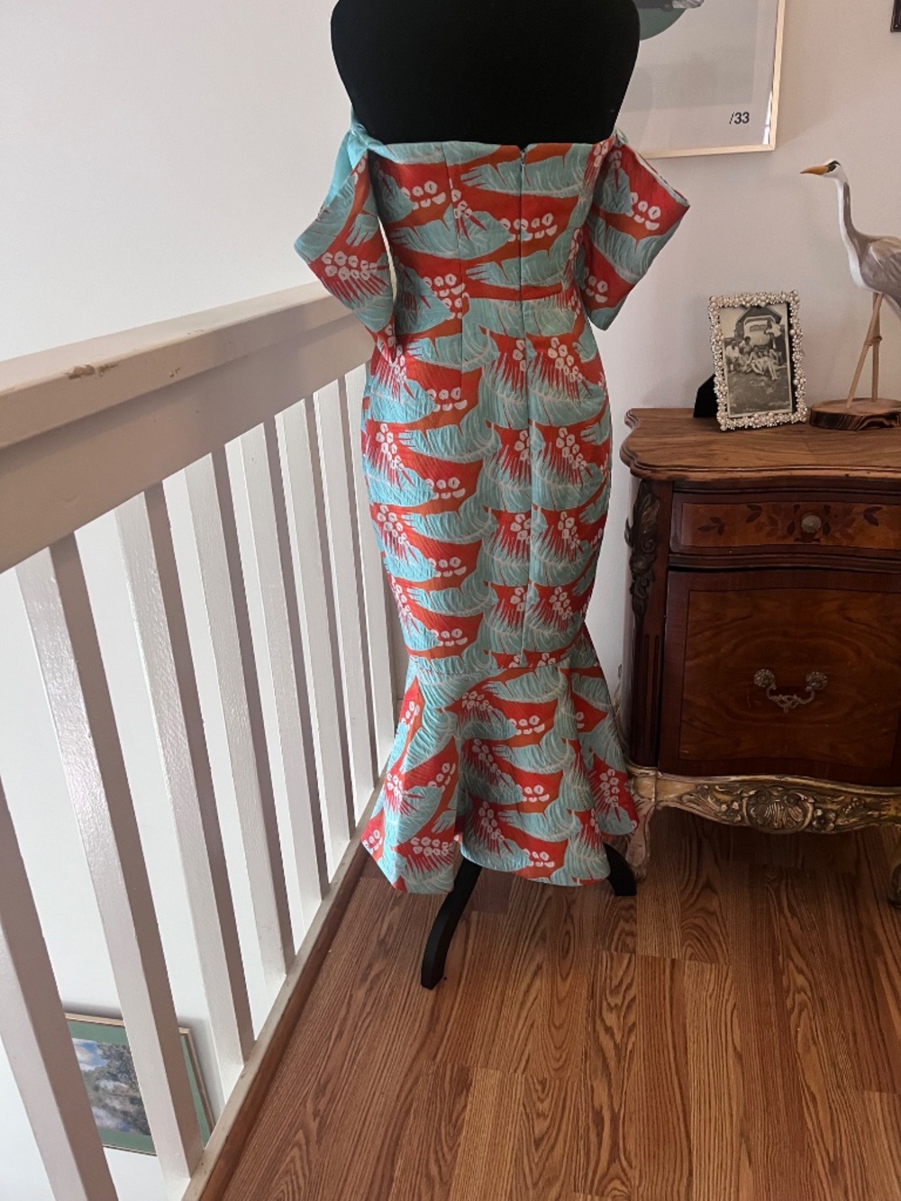 ASOS Tropical Leaf Jacquard Off Shoulder Mermaid Midi Dress Coral Turqoise Sz 4 - Picture 9 of 16